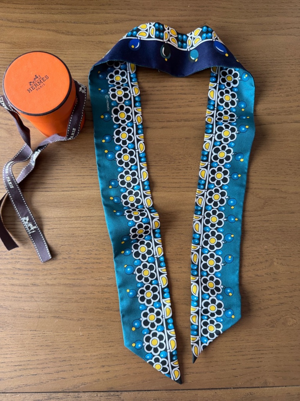 Hermes Teal and Navy Floral Silk Twilly